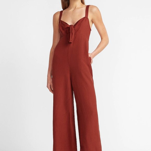 Express | NWT Linen-Blend Tie Front Culotte Jumpsuit - Picture 16 of 17